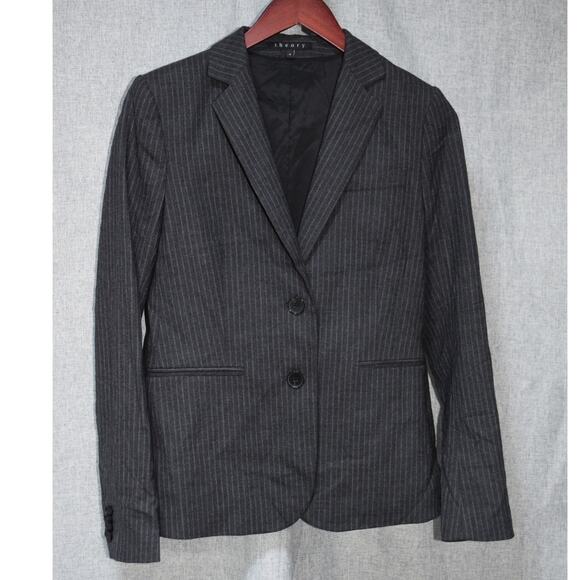 Theory Charcoal Gray Pinstripe Wool Blend Blazer Jacket - Size 4 - Picture 1 of 3